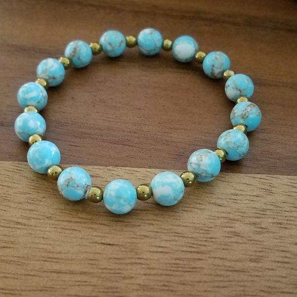 Hand Crafted Jewelry - Icy Blue Turquoise & Gold Hematite Beads Bracelet